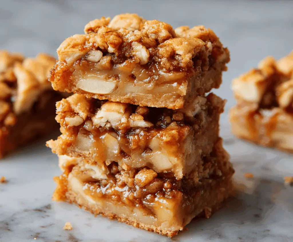 Delicious homemade apple pie bars with golden crust, cinnamon-spiced apple filling, and a dusting of powdered sugar on top, perfect for dessert or a sweet snack