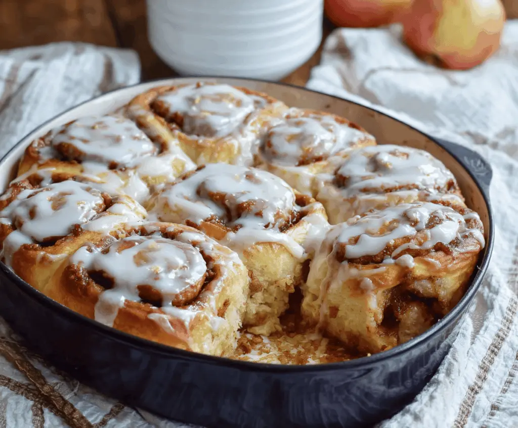 Delicious homemade apple pie cinnamon rolls topped with icing, featuring gooey apple filling and warm cinnamon spices, perfect for breakfast or dessert.