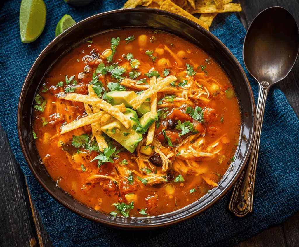 Hearty authentic chicken tortilla soup garnished with fresh cilantro, avocado slices, shredded cheese, and crispy tortilla strips in a rustic bowl.