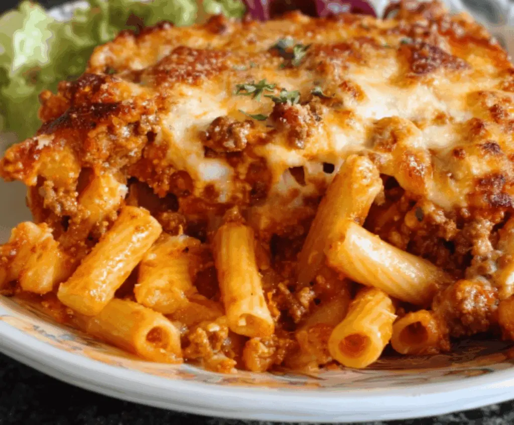 Delicious baked ziti with ground beef, melted cheese, and marinara sauce served in a baking dish