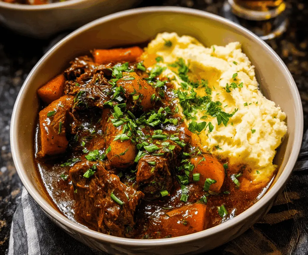 Hearty beef and Guinness stew with tender meat, vegetables, and rich gravy in a rustic bowl