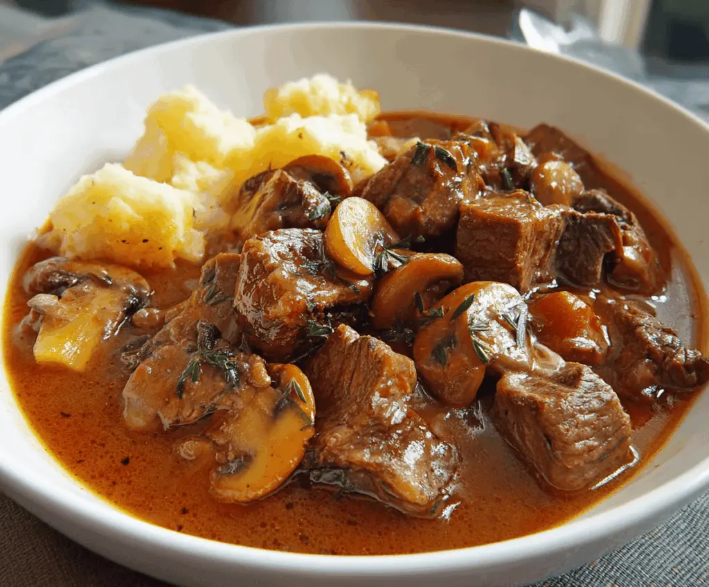 Hearty beef and mushroom stew with tender meat, fresh mushrooms, and vegetables in a savory broth, served in a rustic bowl.