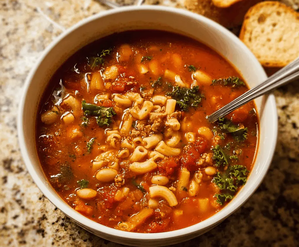 A steaming bowl of homemade Pasta Fagioli Soup featuring beans, pasta, vegetables, and herbs, served in a rustic bowl for a comforting Italian meal.