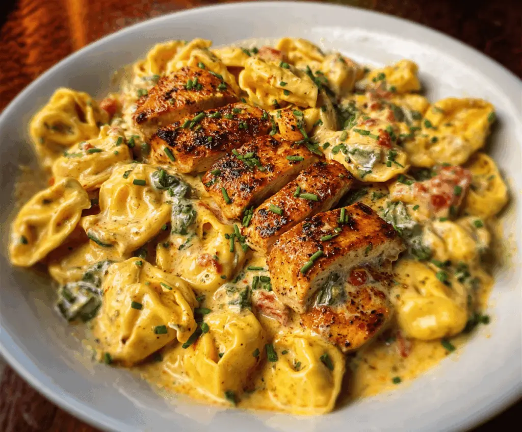 Creamy Cajun Chicken Tortellini served with garlic sauce, featuring seasoned chicken, cheese-filled pasta, and fresh herbs on a plate