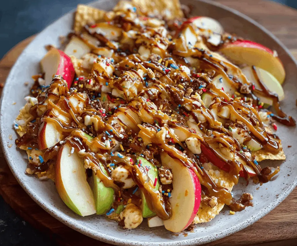 Sweet caramel apple nachos topped with melted chocolate, colorful sprinkles, and crushed nuts on a white plate