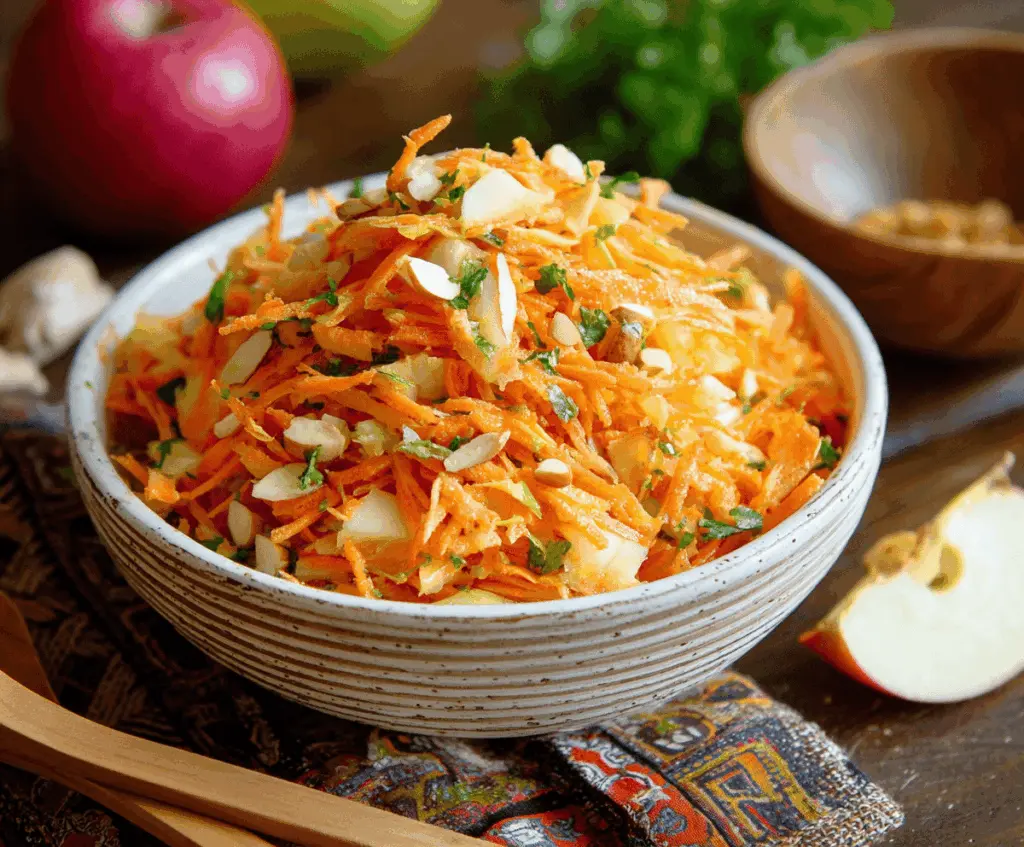Fresh carrot and apple salad with chopped nuts and herbs in a glass bowl, vibrant and healthy, perfect for a nutritious snack or side dish.