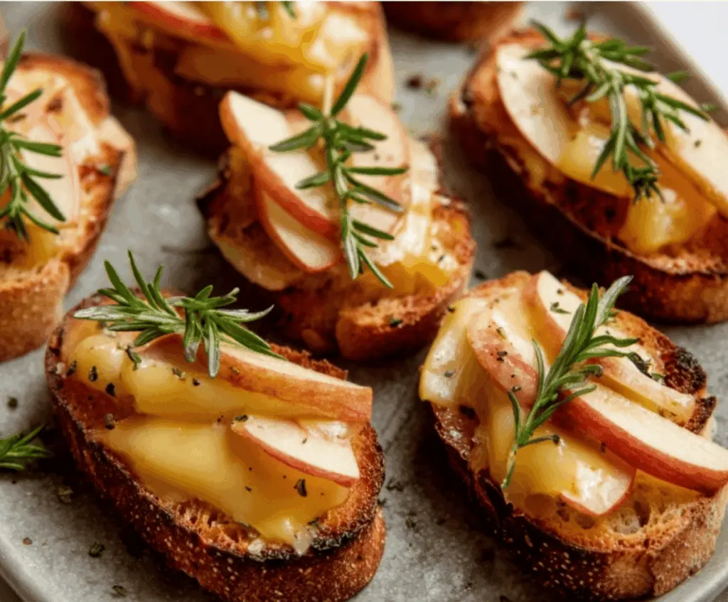 Creamy cheddar cheese topped with sliced fresh apples on crispy toasted baguette crostini, perfect for a flavorful appetizer or snack.