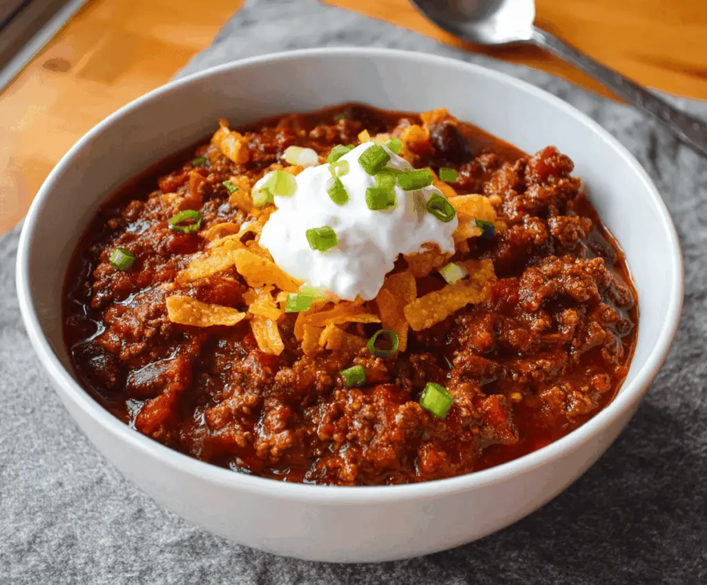 Hearty bowl of classic beef chili topped with shredded cheese and fresh cilantro, served with a side of cornbread.