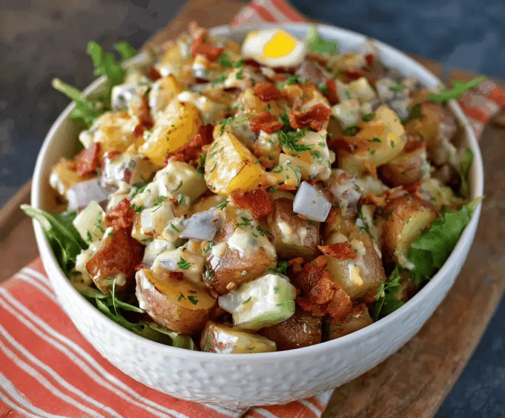 A bowl of Classic Potato BBQ Side Salad with diced potatoes, fresh herbs, and smoky BBQ dressing, perfect as a flavorful summer side dish.