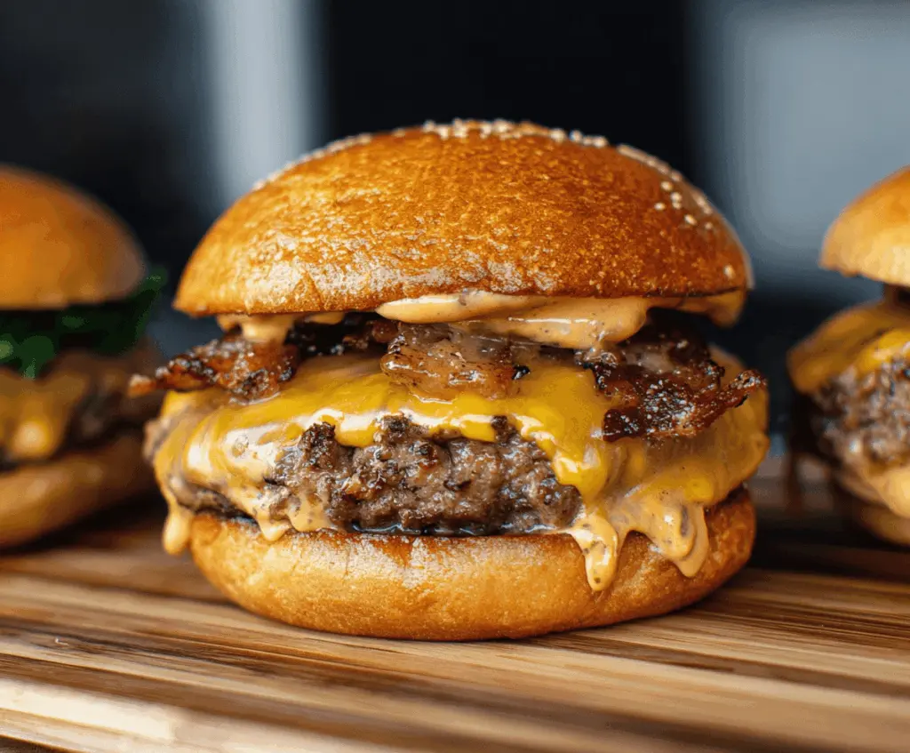 Juicy Crack Burgers with melted cheese, crispy bacon, fresh lettuce, tomato, and pickles on a toasted bun, served with crispy fries on the side.