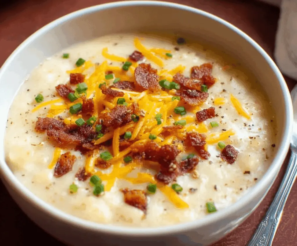 Creamy baked potato soup topped with shredded cheese and chopped green onions in a bowl, served with bread on the side