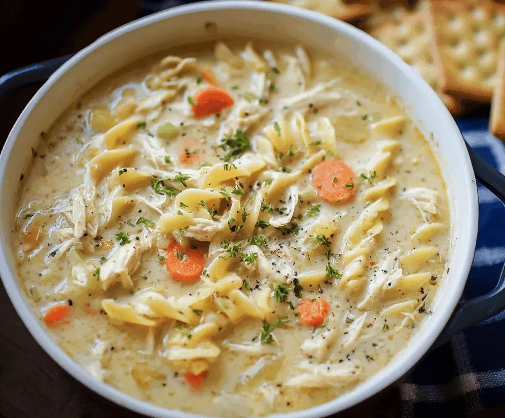 Creamy chicken noodle soup in a bowl with vegetables and herbs, served hot for a comforting meal
