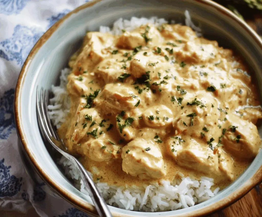 Creamy Crockpot Italian Chicken served with fresh herbs and vegetables in a rustic bowl