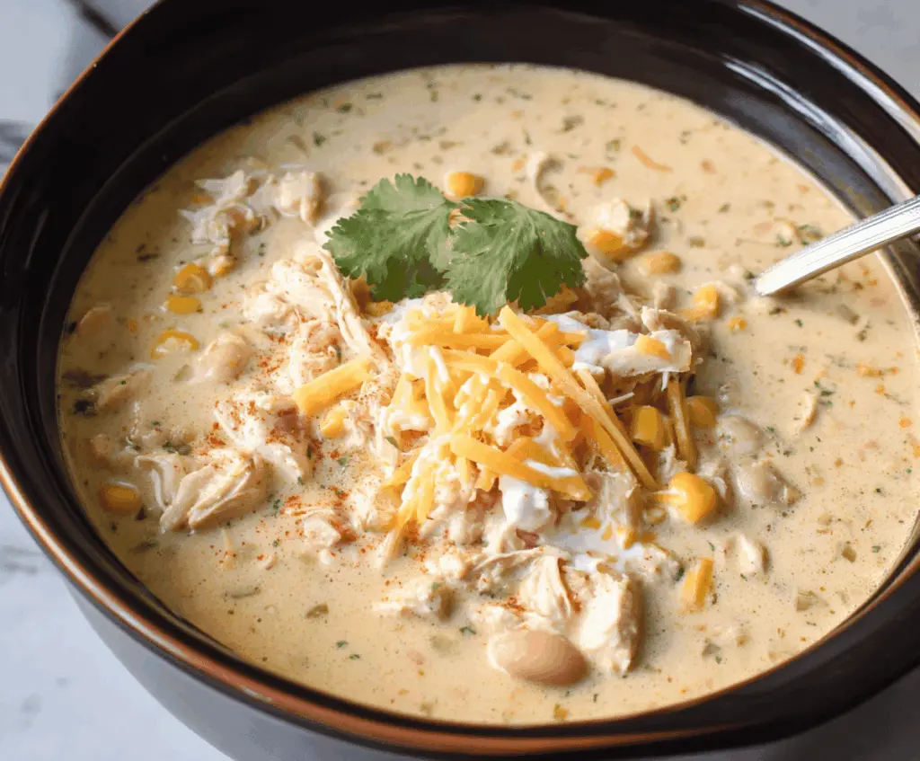 Creamy Crockpot White Chicken Chili in a bowl with fresh toppings, featuring tender shredded chicken, white beans, and a smooth, flavorful broth