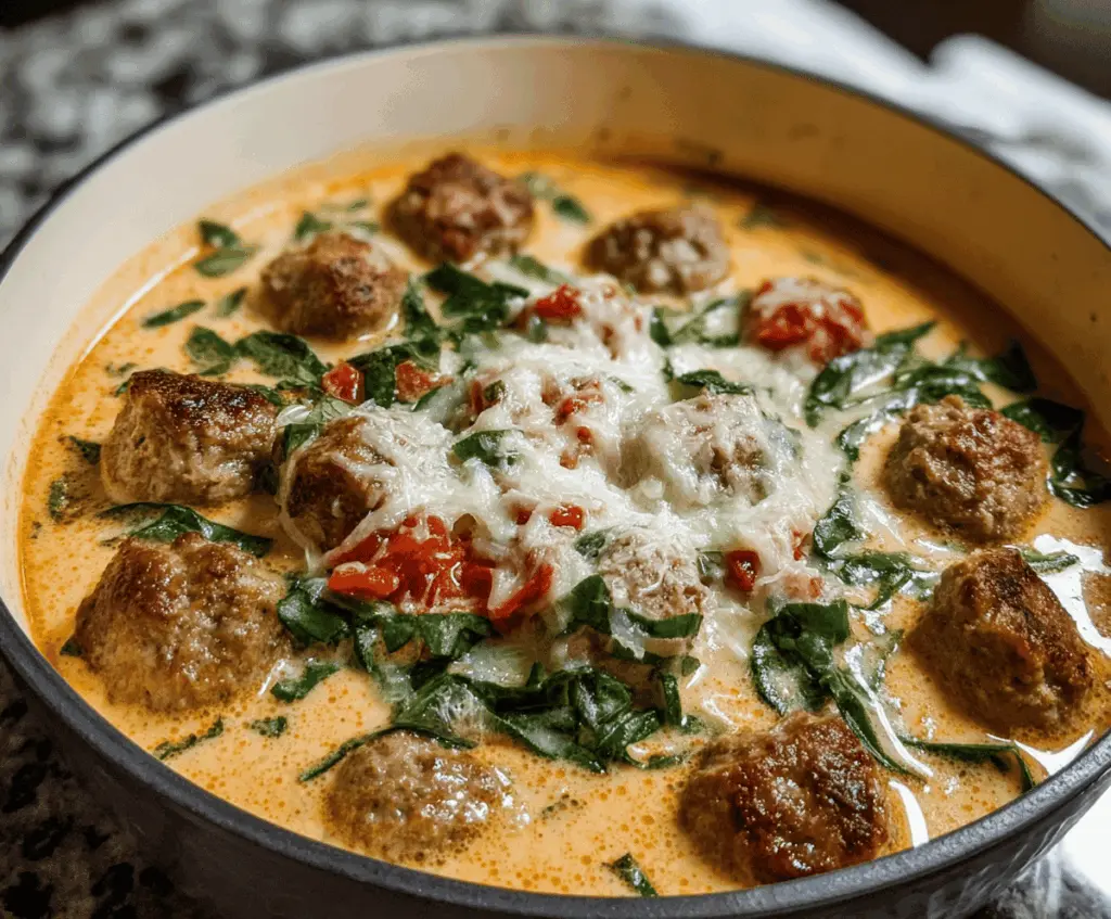 Creamy Italian Meatball Soup with hearty meatballs, vegetables, and herbs in a rich, creamy broth, perfect for comforting meals.