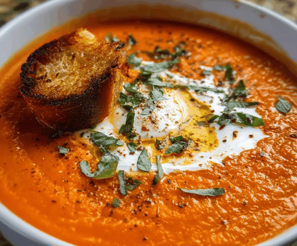 Creamy roasted garlic tomato soup garnished with fresh basil in a bowl, served with crusty bread on a rustic table