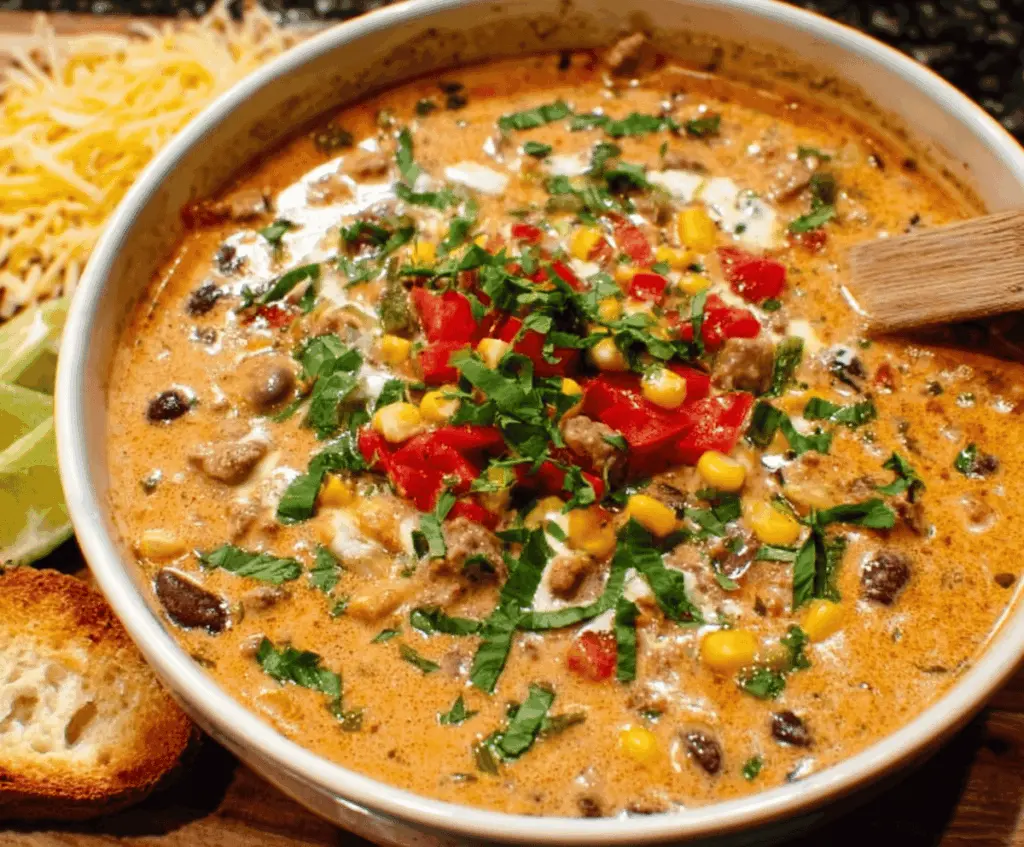 A bowl of creamy taco soup topped with shredded cheese, chopped cilantro, and sour cream, served with tortilla chips on the side.
