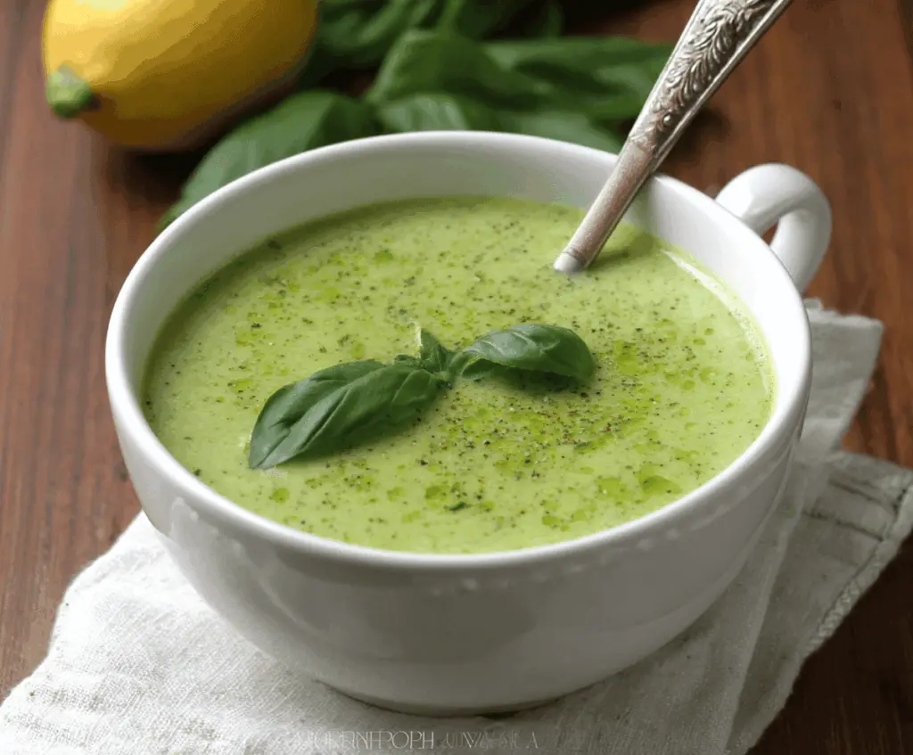 Creamy zucchini basil soup served in a bowl with fresh basil leaves and a drizzle of cream, highlighting a healthy and delicious vegetarian meal.