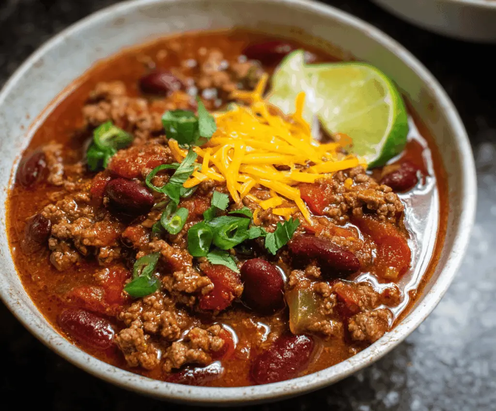 Delicious homemade Crockpot chili with ground beef, beans, tomatoes, and spices served in a bowl for a hearty, flavorful meal