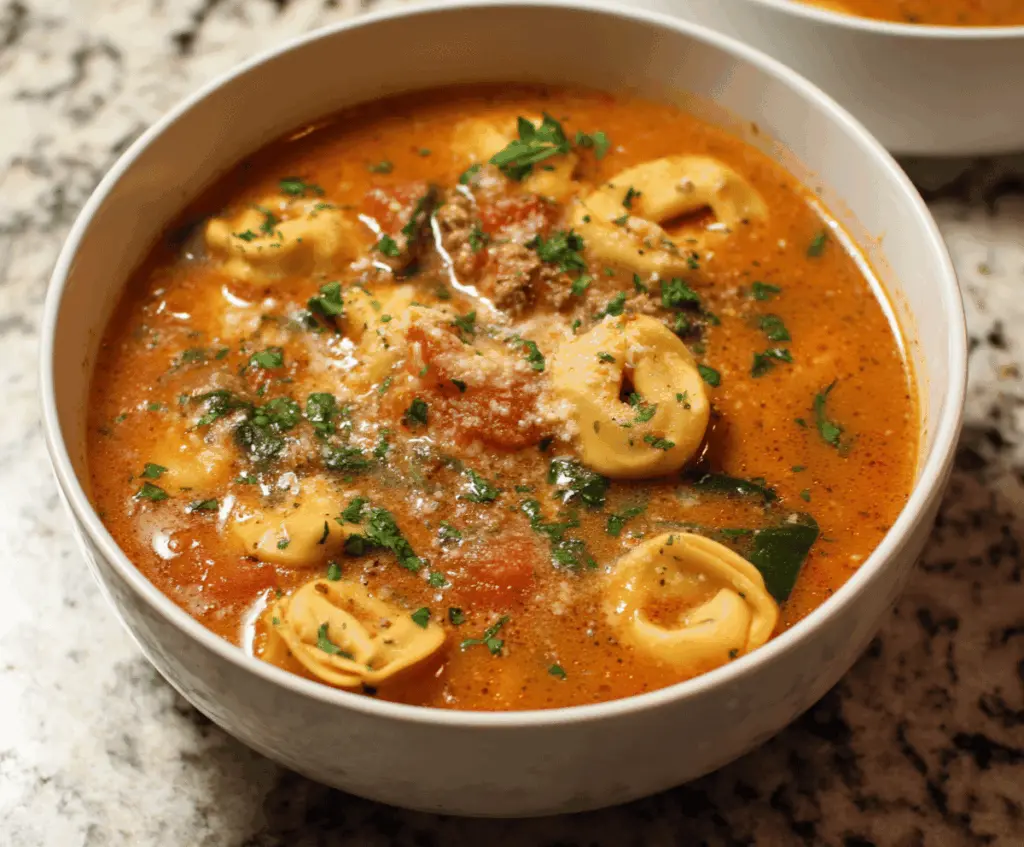 Creamy Crockpot Tortellini Soup with spinach, tomatoes, and herbs in a bowl, perfect for a comforting meal