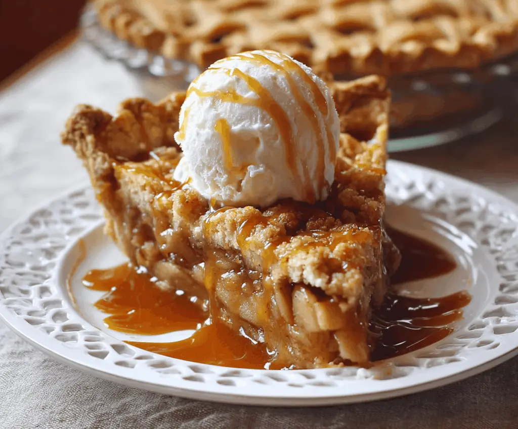 Delicious Dutch caramel apple pie topped with caramel drizzle and golden crust, ready to serve