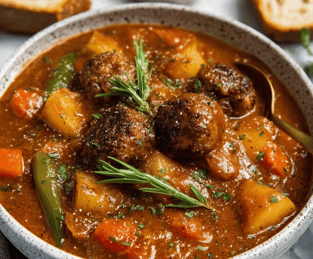 Hearty bowl of Easy Cozy Meatball Stew with meatballs, vegetables, and savory broth in a rustic bowl