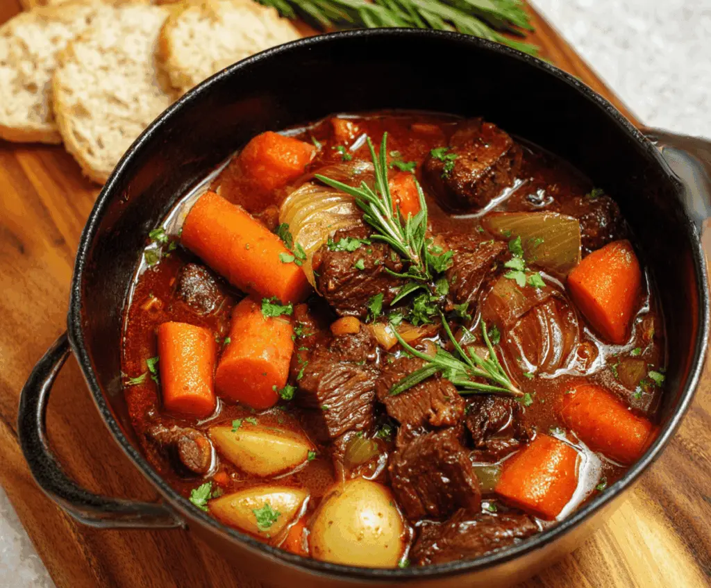 Delicious French Beef Stew with tender beef chunks, carrots, potatoes, and herbs served in a rustic bowl, perfect for hearty comfort food.
