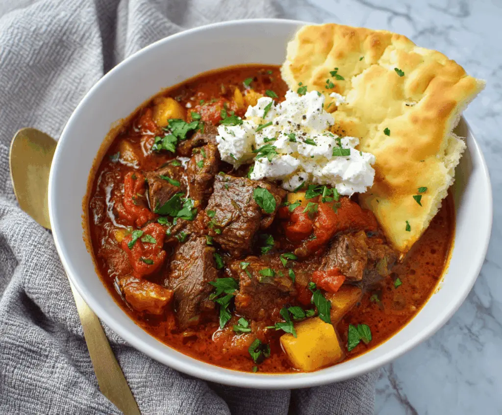 Hearty Greek Beef Stew with tender beef chunks, fresh vegetables, herbs, and a rich tomato-based broth served in a rustic bowl.