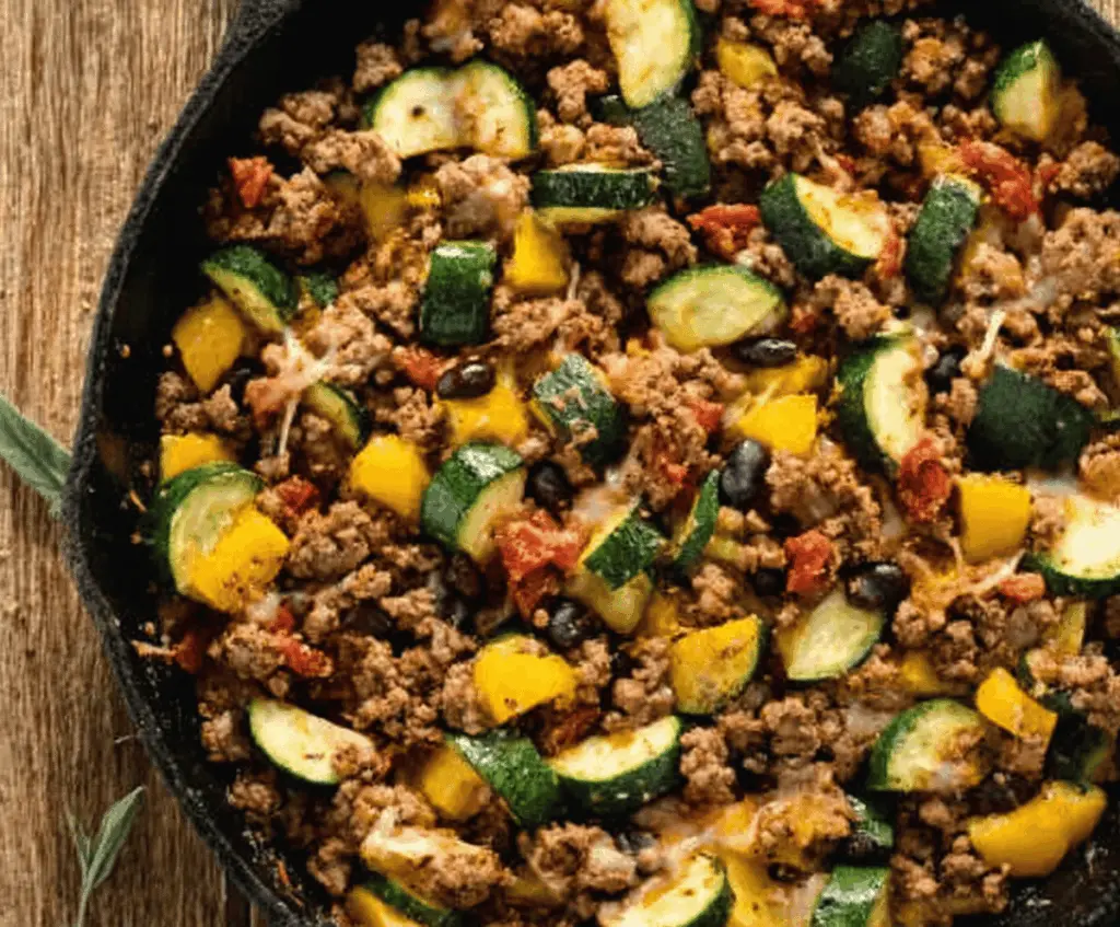 Savory Ground Beef and Zucchini Skillet served in a skillet with fresh herbs and vegetables