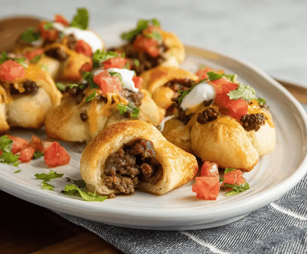 Delicious ground beef nacho bites topped with melted cheese on flaky crescent roll crust, perfect for snack or appetizer