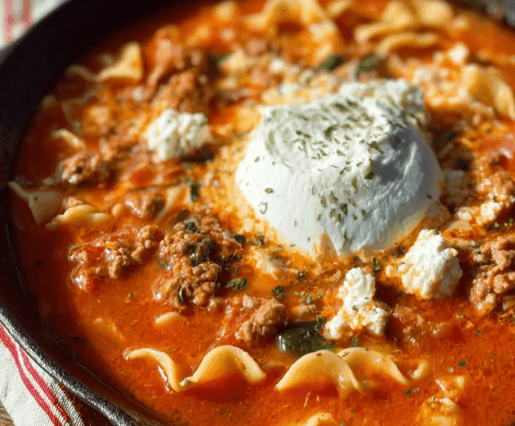 A bowl of high protein lasagna soup topped with melted cheese, fresh basil, and ground meat, served with a spoon on a rustic wooden table.