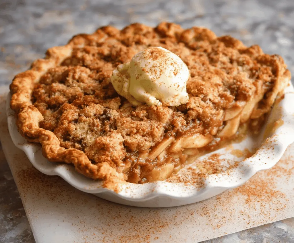 Golden-brown homemade Dutch apple pie topped with crispy lattice crust and fresh apple slices, served with a scoop of vanilla ice cream