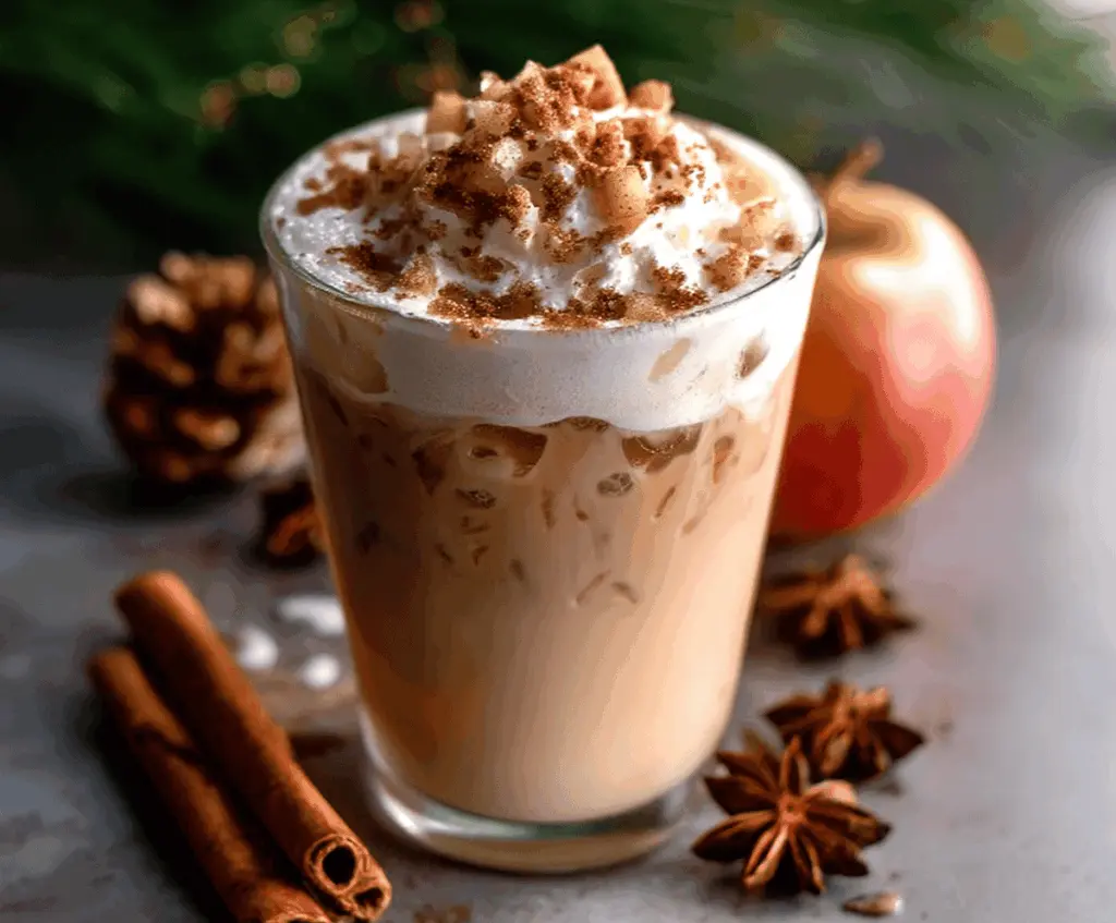 Iced Apple Crisp Cream Chai Latte topped with whipped cream and cinnamon, served in a clear glass with apple slices and cinnamon sticks, perfect for fall refreshment