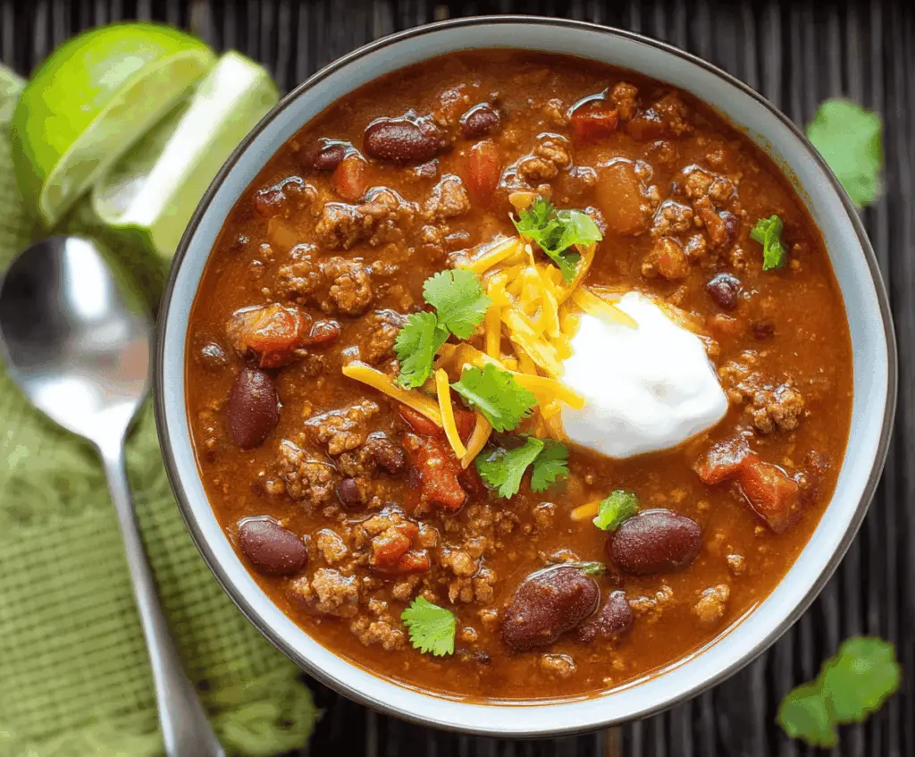 Creamy, hearty Instant Pot Chili in a bowl topped with shredded cheese and fresh herbs, ready to serve