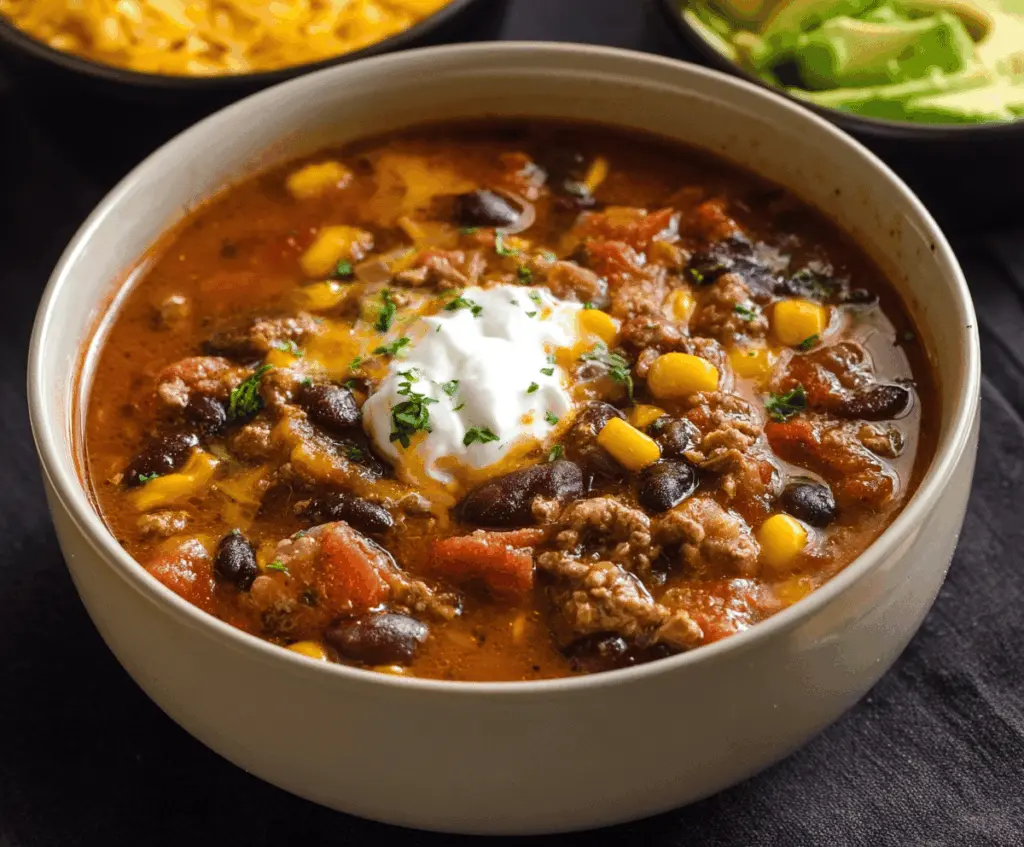 Creamy and flavorful Instant Pot Loaded Taco Soup with ground beef, beans, corn, and topped with cheese and fresh herbs in a serving bowl.