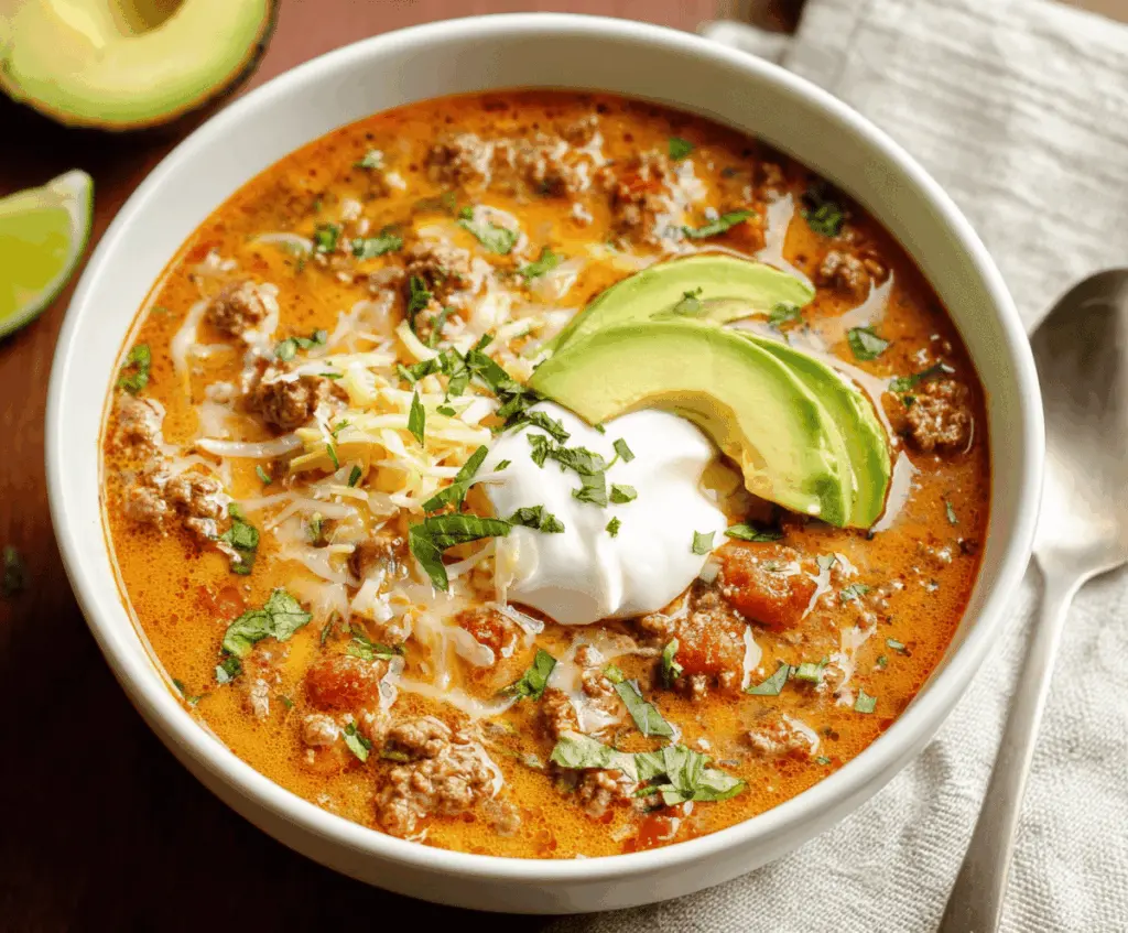 Delicious homemade Keto Taco Soup with ground beef, tomatoes, cheese, and fresh herbs in a bowl, perfect for low-carb, high-fat ketogenic diets.