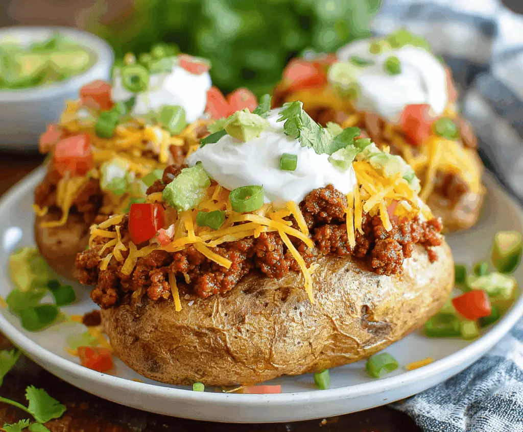 Loaded beef taco stuffed potatoes topped with melted cheese, fresh lettuce, diced tomatoes, and sour cream, served as a flavorful and hearty meal.