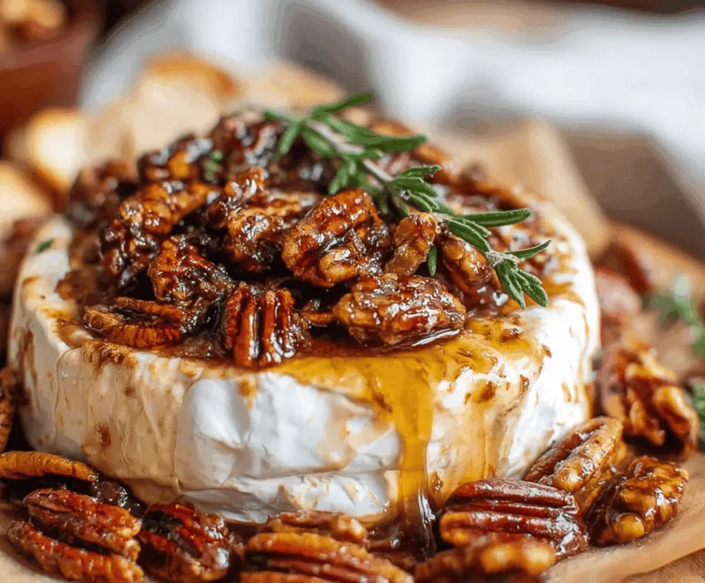Creamy baked brie topped with caramelized pecans and maple syrup, served with fresh bread for a delicious Maple Pecan Baked Brie appetizer.