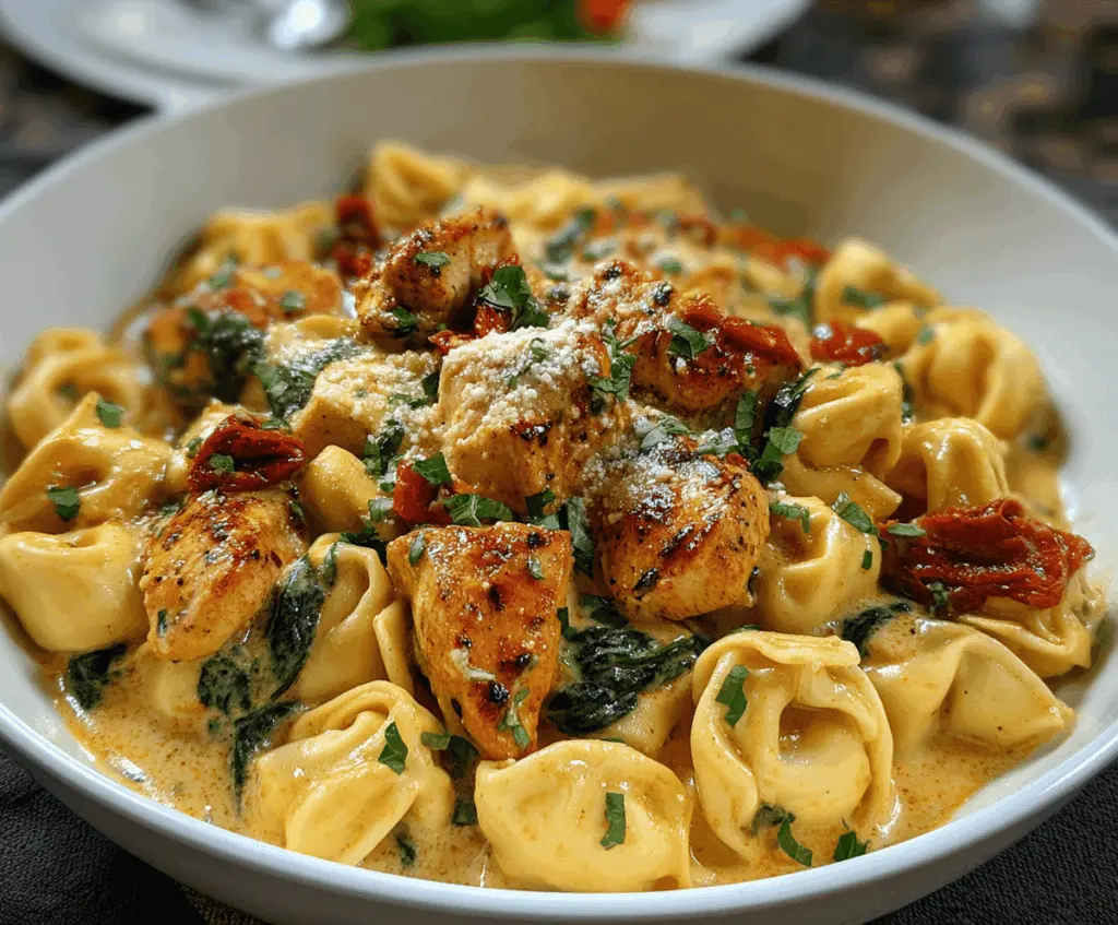 Creamy Marry Me Chicken Tortellini dish featuring tender tortellini pasta topped with a rich, flavorful sauce and fresh herbs, perfect for a romantic dinner.