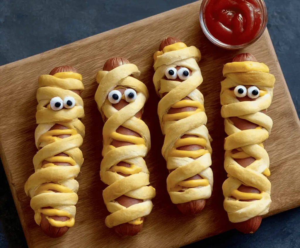 Plate of spooky Mummy Hot Dogs wrapped in crescent roll dough with black olive eyes, perfect for Halloween parties.