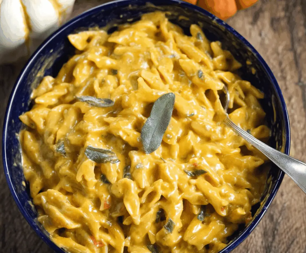 Creamy pumpkin sage pasta served in a bowl with fresh herbs and grated cheese, perfect for cozy fall meals