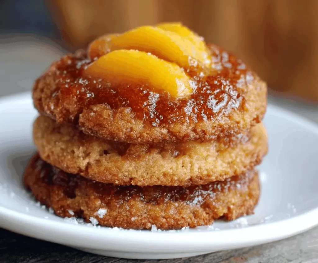 Delicious Peach Upside-Down Cookies featuring caramelized peach slices on top of golden cookie bases, perfect for a sweet summer treat.