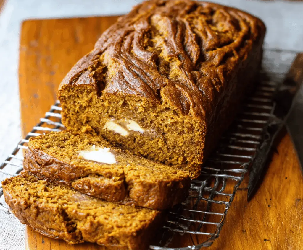 Delicious homemade pumpkin banana bread topped with nuts and cinnamon, perfect for fall baking.