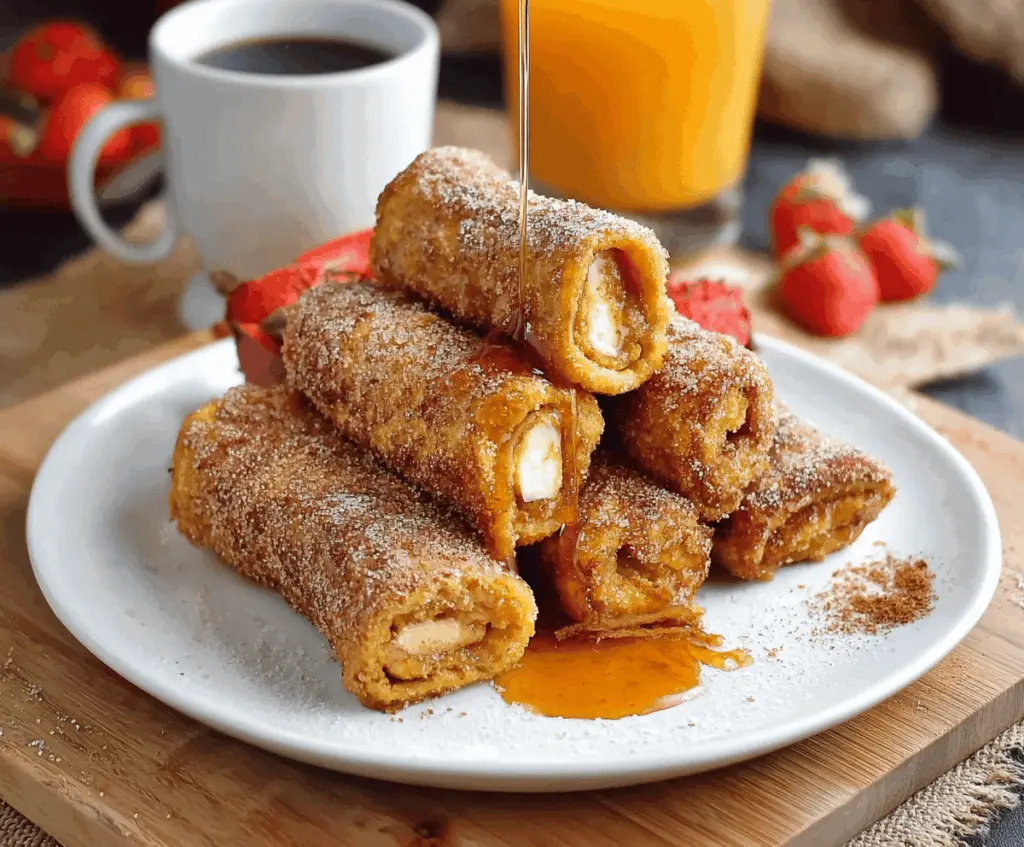 Delicious Pumpkin French Toast Roll-Ups topped with powdered sugar and drizzled with syrup, served on a white plate for a festive breakfast or brunch.