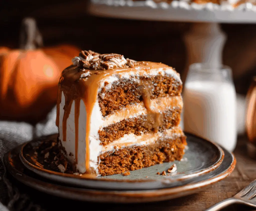 Delicious pumpkin layer cake topped with caramel-cream cheese frosting, perfect for fall celebrations and dessert cravings.
