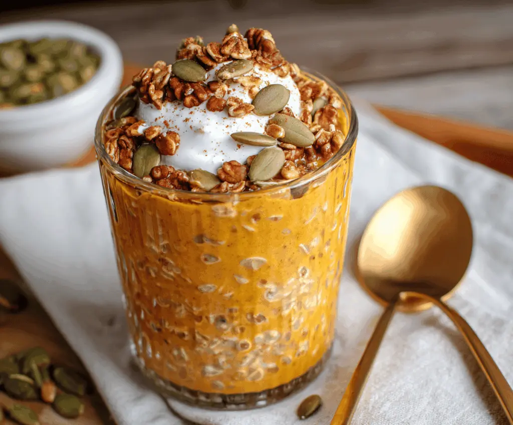 Creamy Pumpkin Overnight Oats topped with cinnamon and whipped cream in a glass jar, perfect for a healthy fall breakfast.
