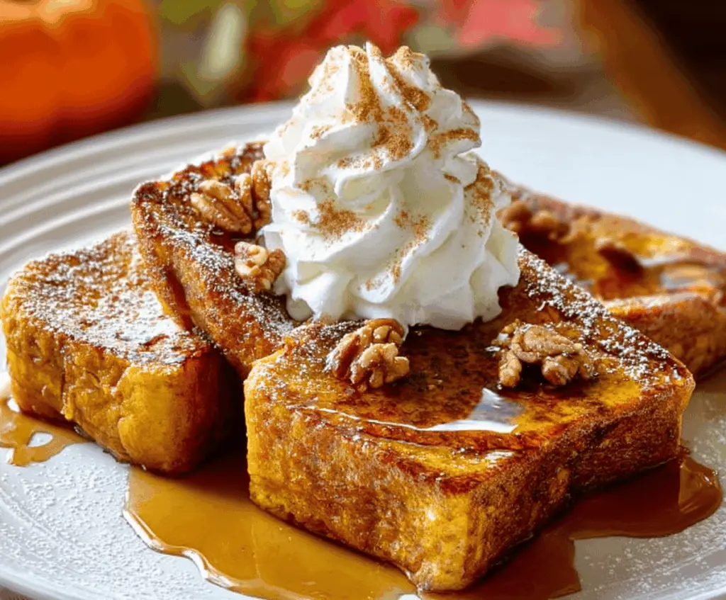 Delicious Pumpkin Pie French Toast topped with whipped cream and cinnamon for a flavorful fall breakfast