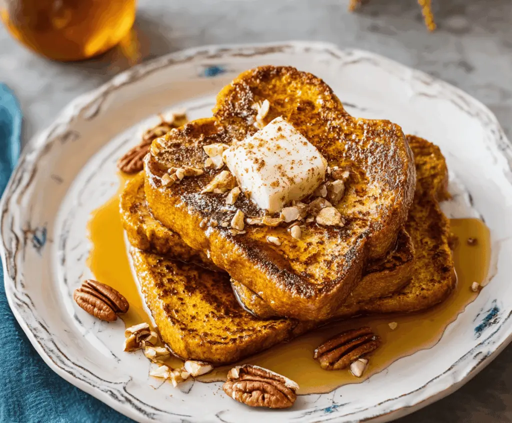 Delicious pumpkin spice French toast topped with whipped cream and caramelized pecans, perfect for a cozy breakfast in autumn.