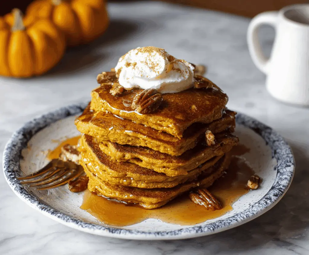 Delicious pumpkin spice pancakes topped with whipped cream and cinnamon, perfect for a cozy breakfast during fall season.