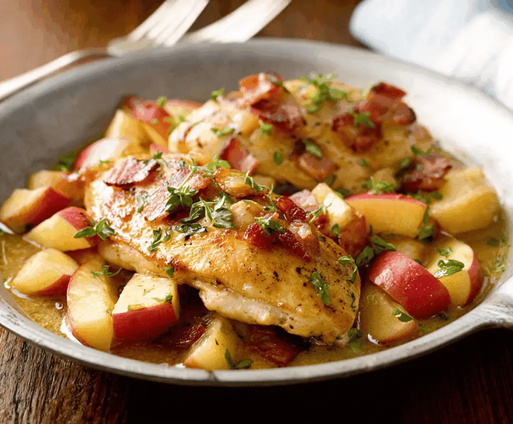Delicious skillet chicken topped with crispy bacon and sliced apples, served in a rustic skillet for a flavorful and hearty meal.